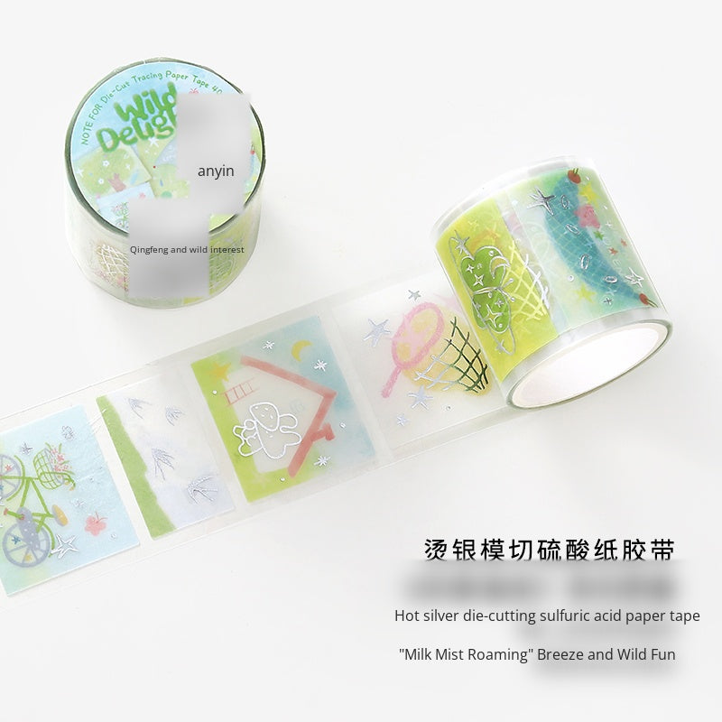 NOTE FOR Hot Silver Die-cut Tracing Paper Tape Milk Mist Roaming Light Salt Lovely Animal Dream Base Hand-Draining DIY Decorative Collage Material Glitter Hot Silver Tracing Paper Tape